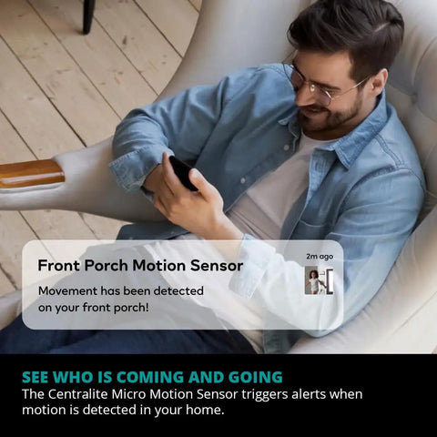 Man receiving alert on phone from Smart Motion Sensor For Home Automation And Security With Zigbee showing front porch motion detection