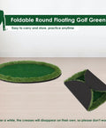 Foldable round floating golf green for poolside practice, laying flat and folded on wooden floor.