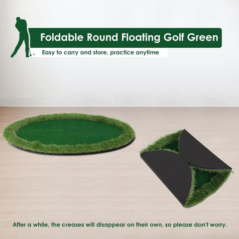 Foldable round floating golf green for poolside practice, laying flat and folded on wooden floor.