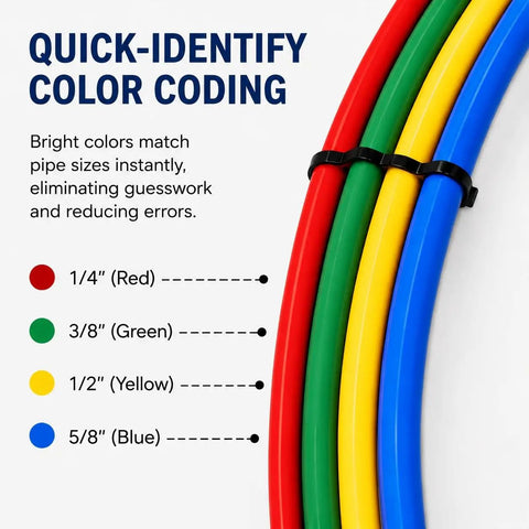 No Sweat Copper Tube Bender Kit With Color Coded Bending Strips displaying red, green, yellow, and blue pipes for HVAC size clarity.