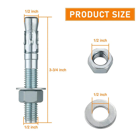 10 Pack Tough As Nails 1/2 X 3 3/4 Inch Zinc Plated Carbon Steel Wedge Anchors For Concrete Brick Masonry with nut and washer