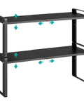 Stack Your Pantry Goods Without A Sweat, 2 Pack Expandable Cabinet Organizer Shelves, Adjustable space-saving black metal rack.