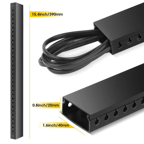Nine Channel Cable Raceway Kit With Open Slot Duct And Cover For Wall Concealer Cable Management That Hides TV And Computer Wires No Fuss Peel And Stick Mount Nine By Fifteen Point Four Inch Black showing dimensions