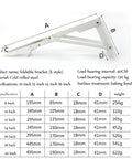 Rock Solid Folding Shelf Brackets Slick 304 Stainless Steel Floating Shelves Corner Supports detailed size chart for foldable brackets.