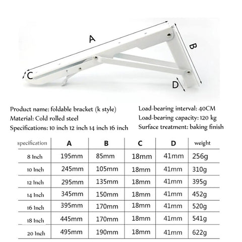 Rock Solid Folding Shelf Brackets Slick 304 Stainless Steel Floating Shelves Corner Supports detailed size chart for foldable brackets.