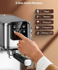 Intuitive touch controls of a 20 Bar Espresso Coffee Maker Delivering Smooth Barista Shots, featuring one-touch recipe options.