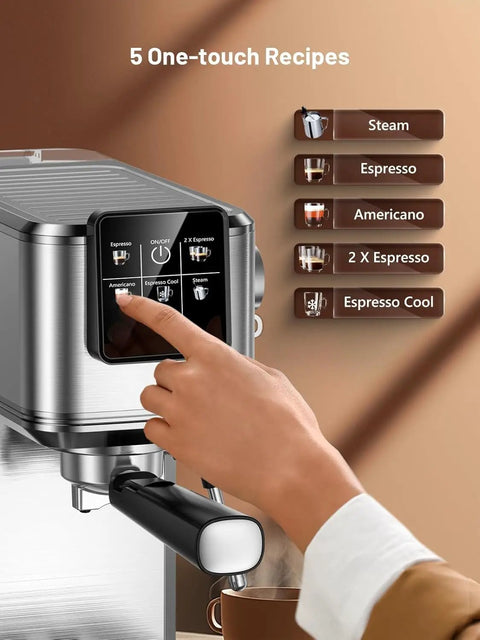 Intuitive touch controls of a 20 Bar Espresso Coffee Maker Delivering Smooth Barista Shots, featuring one-touch recipe options.