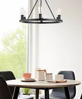 25 Inch Six Light Wagon Wheel Chandelier Industrial Rustic Farmhouse Round Ceiling Light For Kitchen Island Matte Black Finish