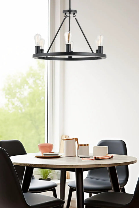 Homestead 24 Inch 6 Light Wagon Wheel Chandelier Black And Gray Oak Wood Finish Industrial Rustic Farmhouse Ceiling Pendant