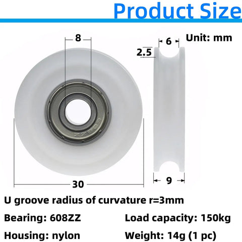 6 Pack Nylon UGroove Track Roller Wheels Set With 608ZZ Sealed Ball Bearings 8x30x9mm For Sliding Doors Windows And Lifting System Pulleys Built To Last Dope Smooth Quiet Operation, size diagram