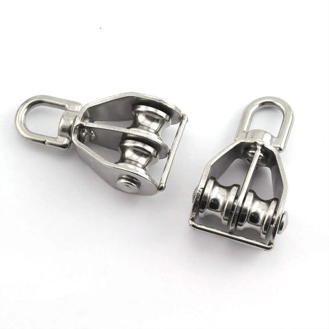 Beefy 2 Pack M25 Stainless Steel Double Pulley Block For Rigging And Lifting, Heavy Duty Swivel Wheel Block, 150Kg Load Capacity, 25Mm Wheel Diameter, 11Mm Groove, Rust Resistant Hardware, 2-pack pulleys on white background
