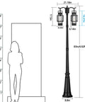 Two Head Outdoor Lamp Post Light Hardwired Street Pole For Outdoor Use With Water Glass Shade, dimensions shown next to person silhouette.