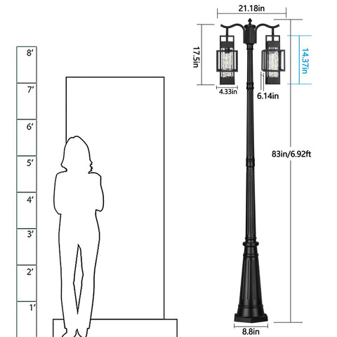 Two Head Outdoor Lamp Post Light Hardwired Street Pole For Outdoor Use With Water Glass Shade, dimensions shown next to person silhouette.
