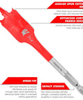 Diablo spade bit for wood, red body with silver hex shank, side view.