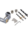 Professional Aluminum Doweling Jig Kit For Woodworkers Featuring Slick Setup And Dead Nut Hole Locator Accuracy With 8mm 10mm 12mm Drill Bits And Sleeves Perfect Clamping Guide, showing metal jig and drill bits.