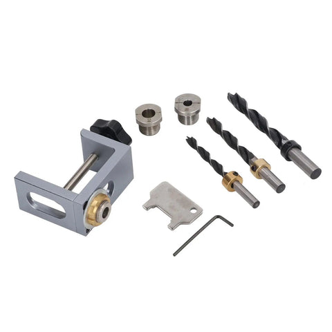 Professional Aluminum Doweling Jig Kit For Woodworkers Featuring Slick Setup And Dead Nut Hole Locator Accuracy With 8mm 10mm 12mm Drill Bits And Sleeves Perfect Clamping Guide, showing metal jig and drill bits.