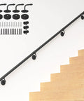 Top Shelf 7 Foot Industrial Pipe Stair Handrail In Classic Matte Black Finish, round iron tube with wall mount brackets.