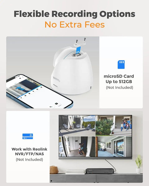 Flexible recording options for 4K PoE Outdoor Security Camera System with various storage and monitoring setups displayed.
