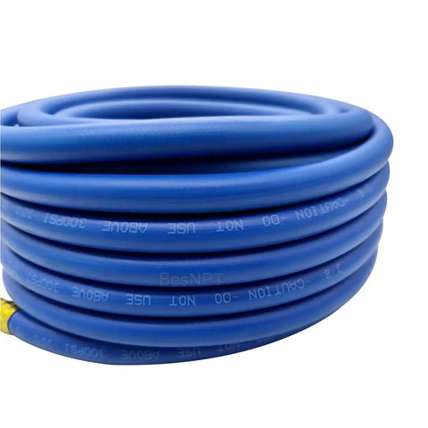 No BS 3 8 Inch Air Compressor Hose 50 Feet Long With Flexible Hybrid Rubber Build For Kicking Out Oil And Abrasion Issues Plus Being Weather Proof For Outside Use And Brass 1 4 MNPT Connectors Attaching To Any Tool You Got For Gritty Work, coiled blue hose