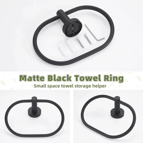 Killer Matte Black Oval Towel Ring Features Smooth Swivel Action Wall Mounted Bathroom Accessory with mounting screws and tools