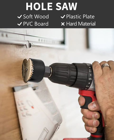 Hands using a drill with a hole saw attachment on a wooden surface, suitable for soft wood, PVC, plastic plates, and hard materials.