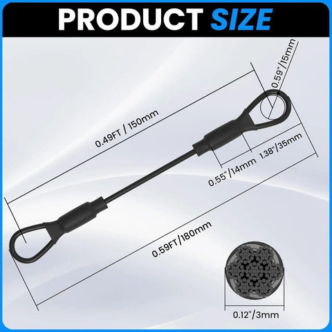 PVC Coated Stainless Steel Braided Wire Rope Lanyard With End Loops 3mm Diameter 5.9 Inch Length illustrated with dimensions