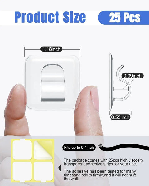 Outdoor String Light Clips 25 Pack Large Square Clear Heavy Duty Light Hooks With Waterproof Adhesive Strips product size