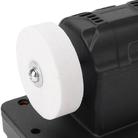 Asixxsix Cordless Mini Bench Grinder With Dual Wheels, showing the white grinding wheel and powerful copper motor for precision work.