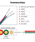 Indoor 80 Feet 3 Pin LED Extension Wire 20 AWG For WS2812B WS2811 with technical data and cross-section view
