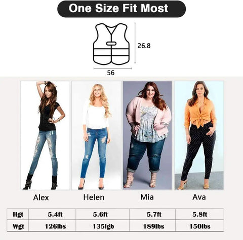 Four models of different heights and weights under size chart for one-size High Visibility Safety Vest 10 Pack Yellow Reflective Vest.