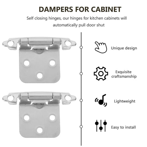 10 Pack Half Overlay Spring Cabinet Hinges, 1.2mm White Nickel Metal Door Hardware with soft close feature, shown with design icons