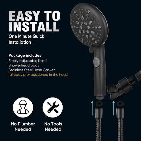 9 Function Shower Head With Built In Power Spray And Pause Button For Deep Clean Rinses, 1.8 GPM, Matte Black, easy installation