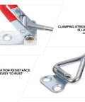 Close-up of zinc-plated toggle clamps highlighting clamping strength and oxidation resistance. Eight Piece Adjustable Toggle Clamps Built Tough For The Shop Heavy Duty Zinc Plated Iron Box Pull Latches With Horizontal Quick Release For Easy Door Latches And Rock Solid Workholding And Tool Fixtures.