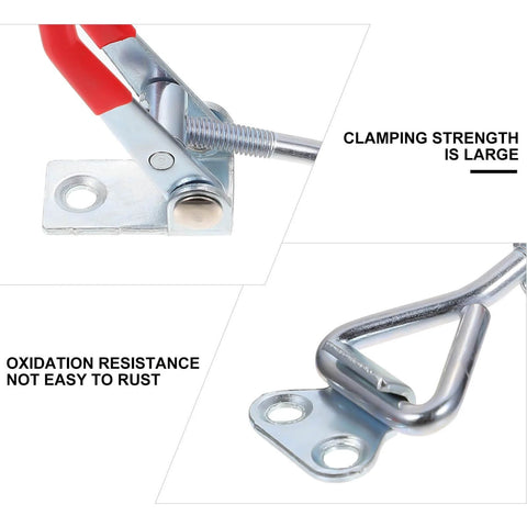 Close-up of zinc-plated toggle clamps highlighting clamping strength and oxidation resistance. Eight Piece Adjustable Toggle Clamps Built Tough For The Shop Heavy Duty Zinc Plated Iron Box Pull Latches With Horizontal Quick Release For Easy Door Latches And Rock Solid Workholding And Tool Fixtures.