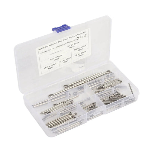 Stainless Steel Cotter Pin Set For Auto Repair And Workshop, 90 Pieces, 304 Grade Fasteners In 6 Sizes in a plastic case