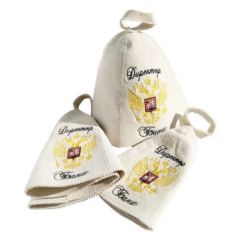 Mens Killer Quality Wool Sauna Hat with Exquisite Lamination Soft Delicate Headwear for Ultimate Relaxation and Deep Sweating Wellness Total Game Changer, set of three, cream color, detailed embroidery.