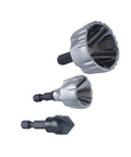 Boss Grade Tungsten Carbide Chamfer Tool Set with Deburring Bits and Countersink Drill Bit, shown in three sizes