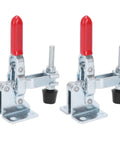 Front view of two anti slip quick release toggle clamps for metal plates and circuit boards, with non slip grip and plastic handles.