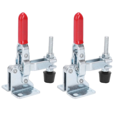 Front view of two anti slip quick release toggle clamps for metal plates and circuit boards, with non slip grip and plastic handles.