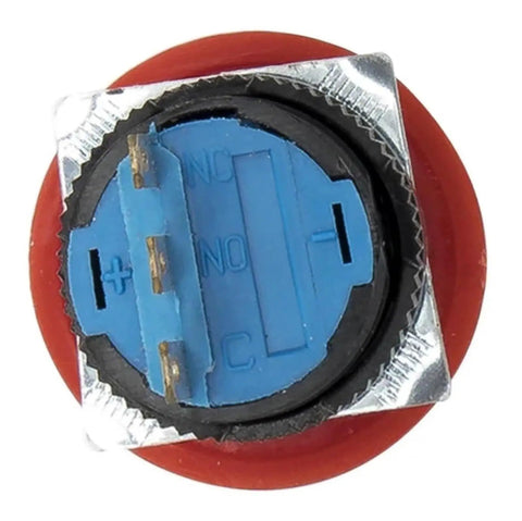 Back view of Red 16mm Emergency Stop Push Button Switch with screw clamp terminals for industrial control panels.