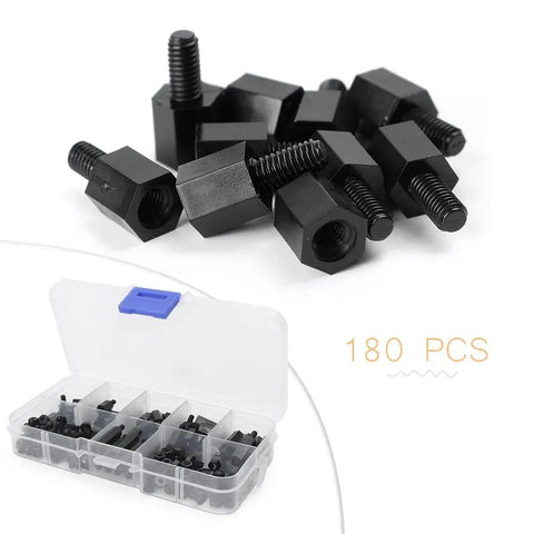 Black M3 Nylon Hex Spacer Standoff Kit 180 Pieces With Male And Female Nuts Screws And Assorted Spacers For DIY Projects 6 To 20mm Lengths 6mm Screw Length M3 Thread 0.5mm Durable Nylon Hardware Set, black hex spacers in organizer