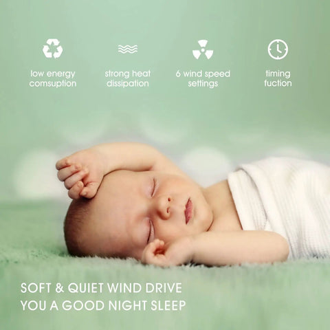 Sleeping baby with benefits of Low Profile Ceiling Fan With Lights 19.7 Inch Flush Mount Cool Sleek Modern Smart Dimmable Fan.
