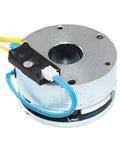 Close-up of MIRGJK YSB-75 spring electromagnetic brake for servo/stepper motor; round metal housing with blue wires