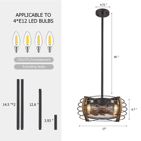 Caged Wood Farmhouse Ceiling Fan With Light And Remote Control Flush Mount Industrial Style dimensions diagram