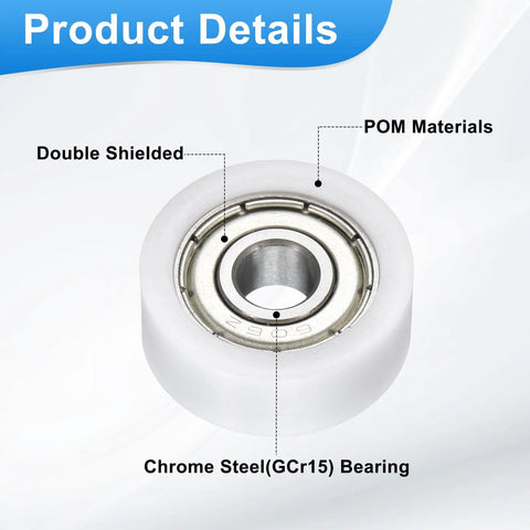 Close-up of Four Pack Roller Idler Pulleys 6x21x8mm with 606ZZ Bearings, white durable POM construction, double shielded