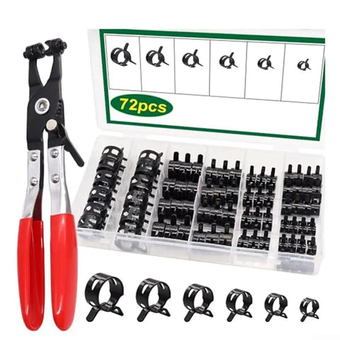 Ultimate 73-Piece Spring Hose Clamp Kit With Pro Pliers Made From Heavy Duty 65Mn Steel For Tough Automotive repairs plumbing fixes and sweet DIY home projects organized in sturdy storage box, 72pcs kit