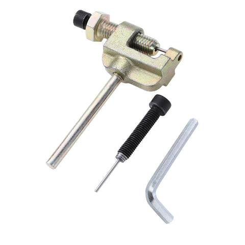 Roller chain breaker tool set in metal with threaded clamp, long rod, black knob handle, and L-shaped hex wrench