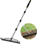 Heavy Duty Garden Rake For Leaves And Grass Care With A 17 Tine Metal Head And Adjustable Stainless Steel Handle Seventeen Inch Wide Yard Rake
