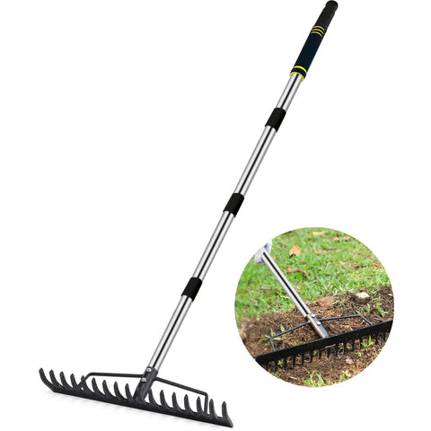 Heavy Duty Garden Rake For Leaves And Grass Care With A 17 Tine Metal Head And Adjustable Stainless Steel Handle Seventeen Inch Wide Yard Rake