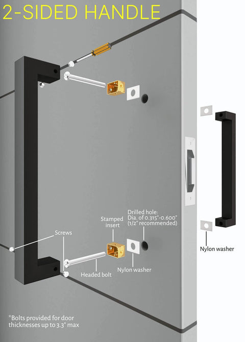 Diagram of 24 Inch Back To Back Modern Stainless Steel Door Handle Set In Matte Black Finish For Interior And Exterior Doors displaying installation details on a gray door.